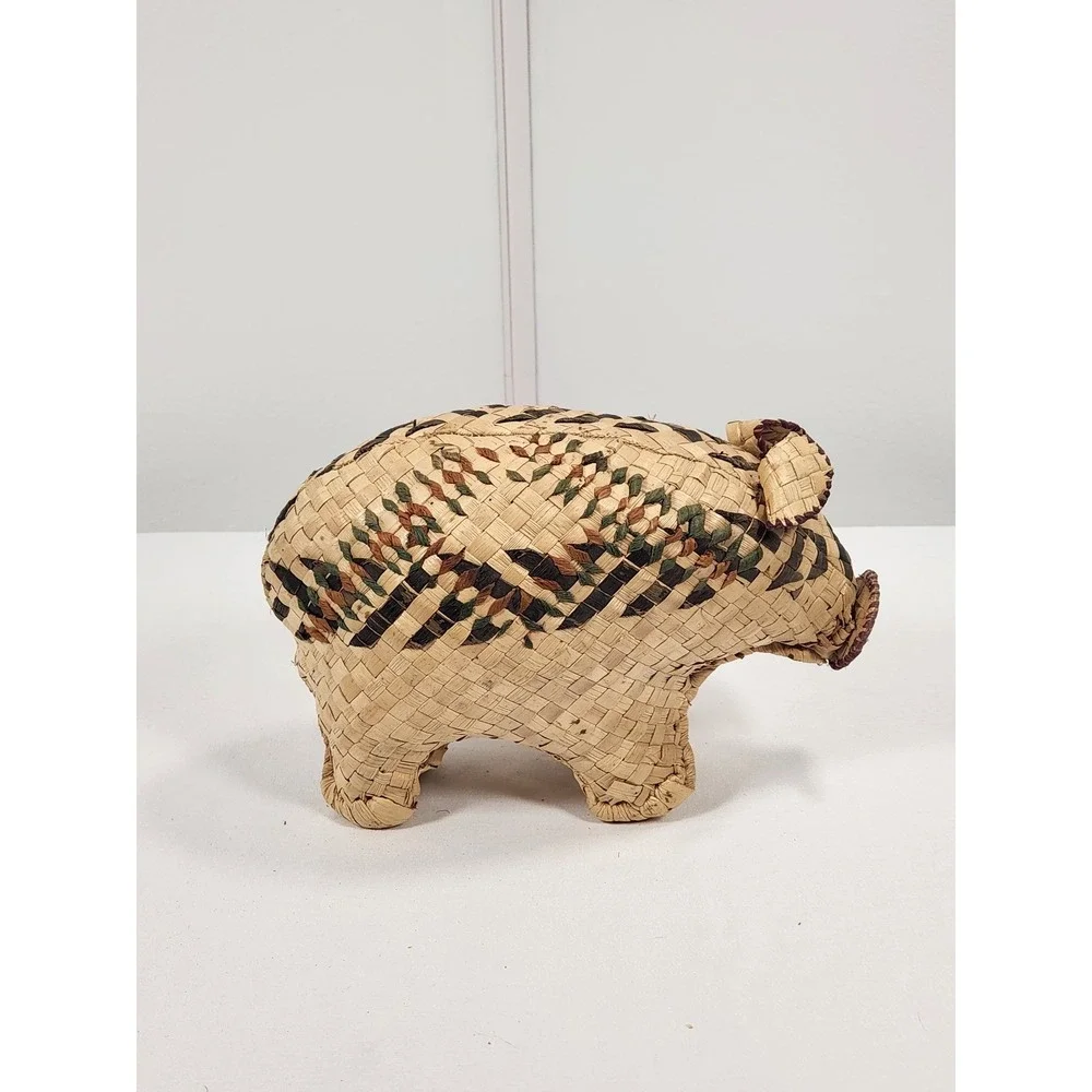 VTG Mexican Palm Straw Woven Pig Natural Green Red Design 9